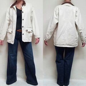 Vintage 90s SJB Off-White Oversized Flannel Lined Corduroy Denim Utility Jacket